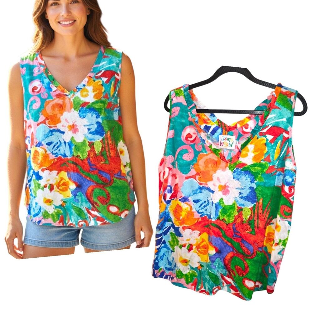 JAMS WORLD Sz L Vintage Origami Flower Hawaii USA Ruffle Trim V Neck Tank Top